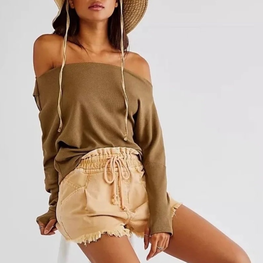 Free People Fuji Off The Shoulder Long Sleeve Thermal Top Olive Earth Seed Small